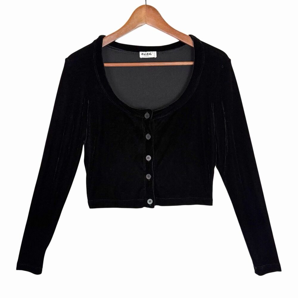 BCBG Paris Black Velvet Cropped Cardigan Y2K Whimsigoth 90s VTG Witchy Top Large